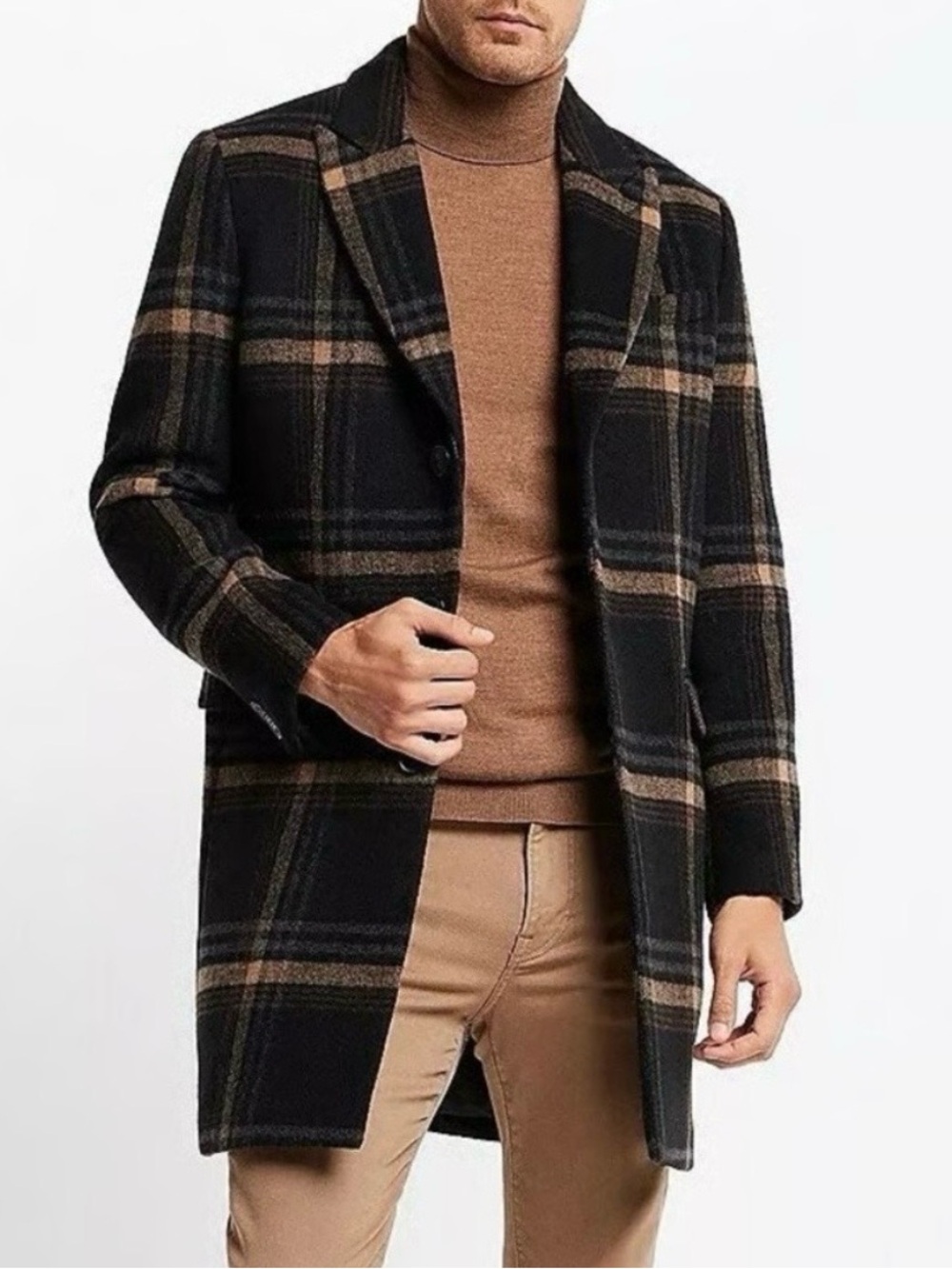 NWOT- MENS Express Black Plaid Pea Coat with Brown Windowpane Accents Sz Small